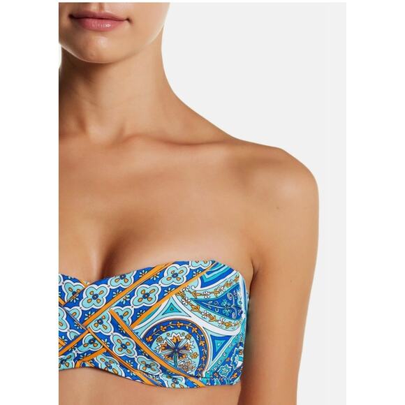 TRINA TURK Bandeau Swimsuit Top Size 14 Provence Paisley Blue Orange Strapless - Picture 3 of 8